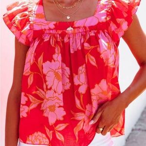 Pants Store Size Small Red Floral Square Neck Ruffle Sleeve Blouse